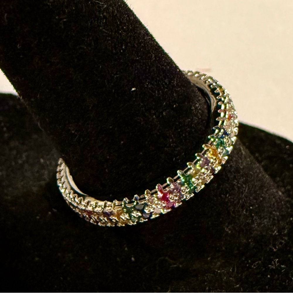 Ring - size 7.75 -New - dainty multi-color rhinestones silver tone band. - Picture 2 of 9